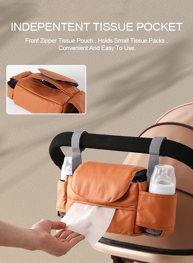 Universal Stroller Organizer Bag With Anti Leak Bottle Holders And Tissue Dispenser Orange Tech Fabric Multifunctional Hanging Storage - Image 1